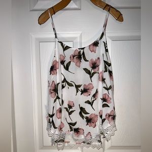 Flower print lace trim tank top